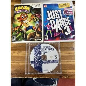 Lot Of 3 Wii Games, Super Smash Brothers, Crash Mind Over Mutant & Just Dance 3